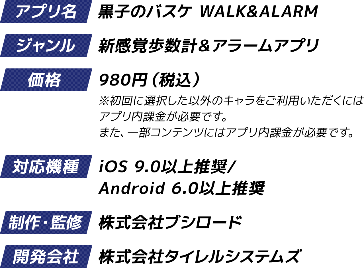 アプリ名：黒子のバスケ WALK&  ALARM／ジャンル：新感覚歩数計＆アラームアプリ／価格：980円（税込）